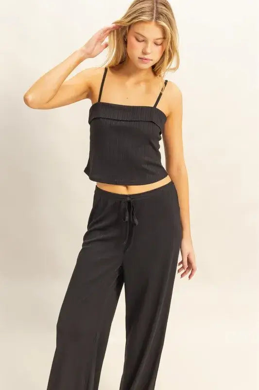 Black Rib Knit Cami Top and Pants Set - Chic Comfort for All, Outfit Sets, $ 45.00, A Moment Of Now™