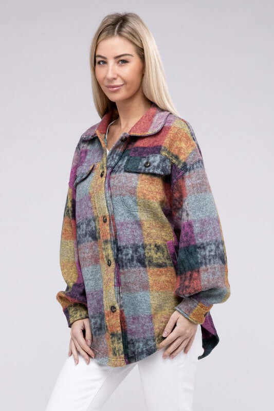 Loose Fit Buttoned Down Check Shirt Jacket Plaid Shacket