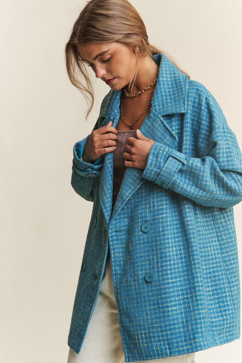 Emerald Sea Teal Tweed Double-Breasted Long Sleeve Coat