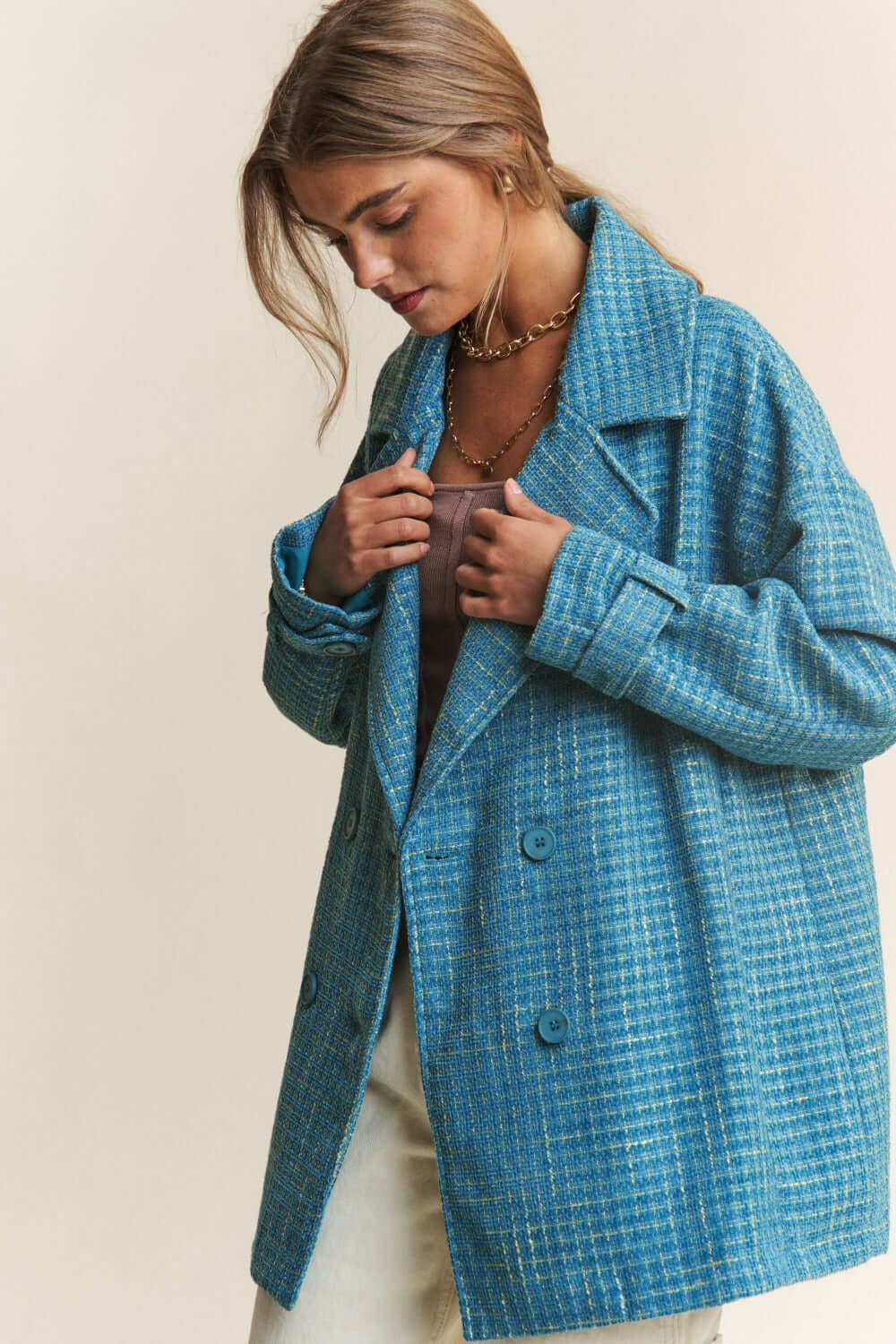 Emerald Sea Teal Tweed Double-Breasted Coat for Elegance, Coats, $ 69.00, A Moment Of Now™