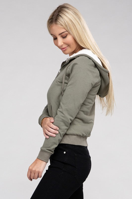 Fuzzy Trim Zip-Up Crop Hoodie Jacket