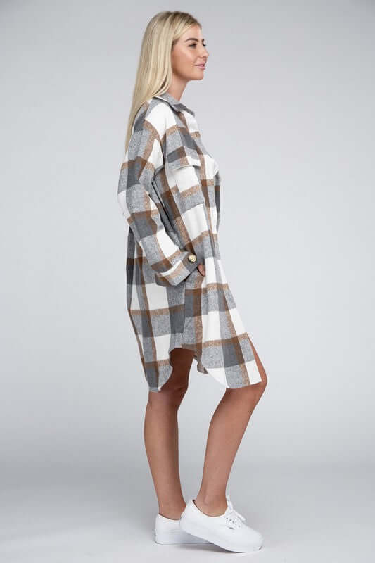 Shop Grey White Plaid Drop Shoulder Long Shirt | Boutique Clothing & Shoes, Shirts, USA Boutique