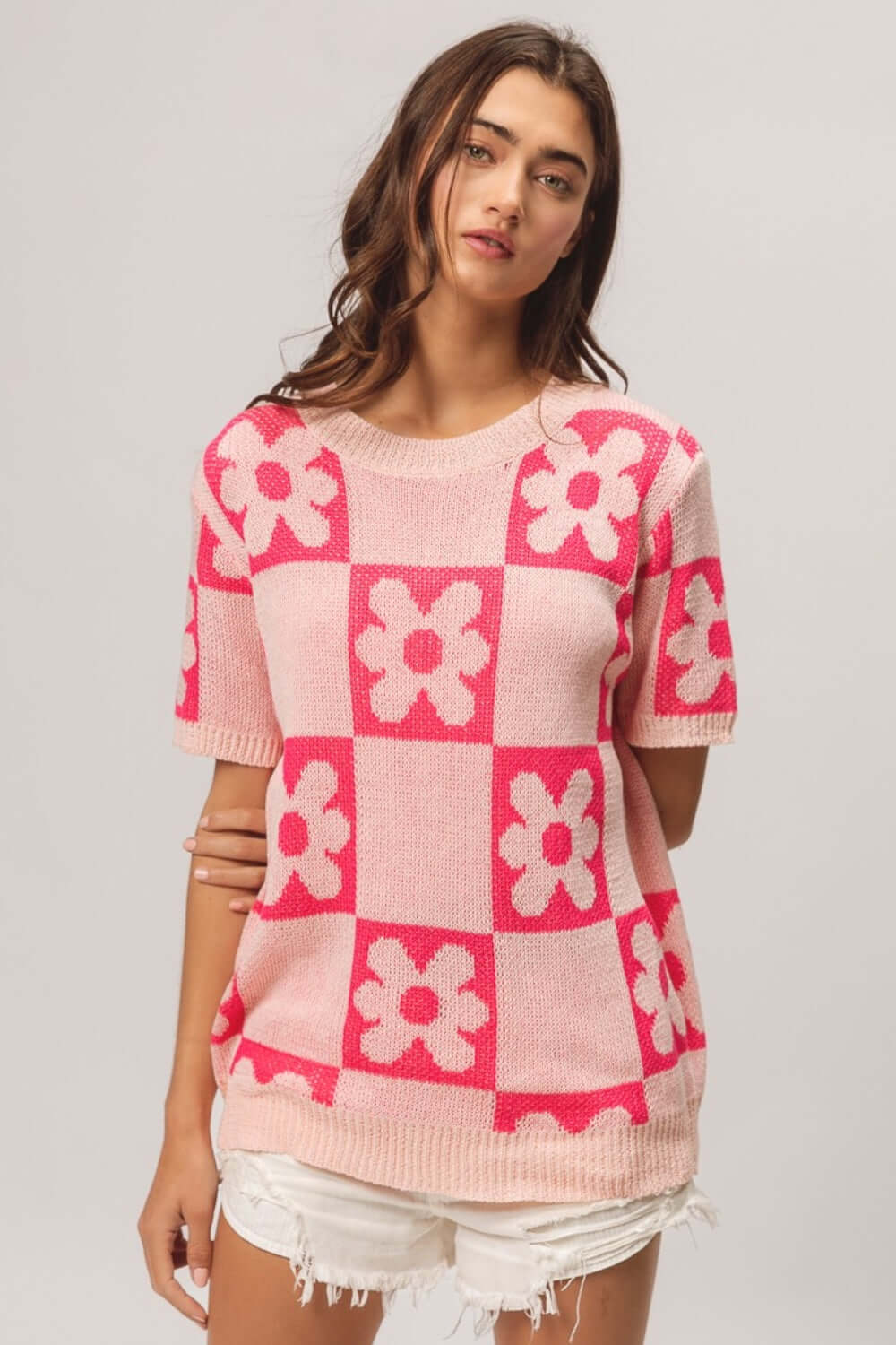 Pink Flower Checker Pattern Short Sleeve Sweater, BiBi, $ 45.00