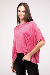 Washed Ribbed Cuffed Short Sleeve Round Neck Top, ZENANA, $ 32.95