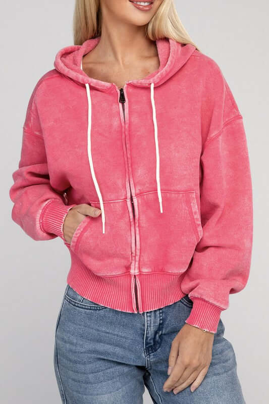 Acid Wash Fleece Cropped Zip-Up Hoodie, ZENANA, $ 49.95