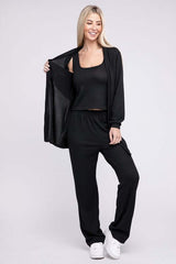 Black Solid Tank Top, Pants & Cardigan Set, Nuvi Apparel, $ 45.00