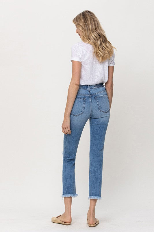Shop Blatanly Blue Knee Slit Frey Hem Crop Straight Jeans For Women, Jeans, USA Boutique