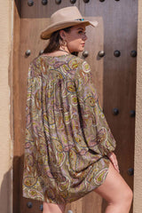 Plus Size Bohemian Printed V-Neck Long Sleeve Midi Dress