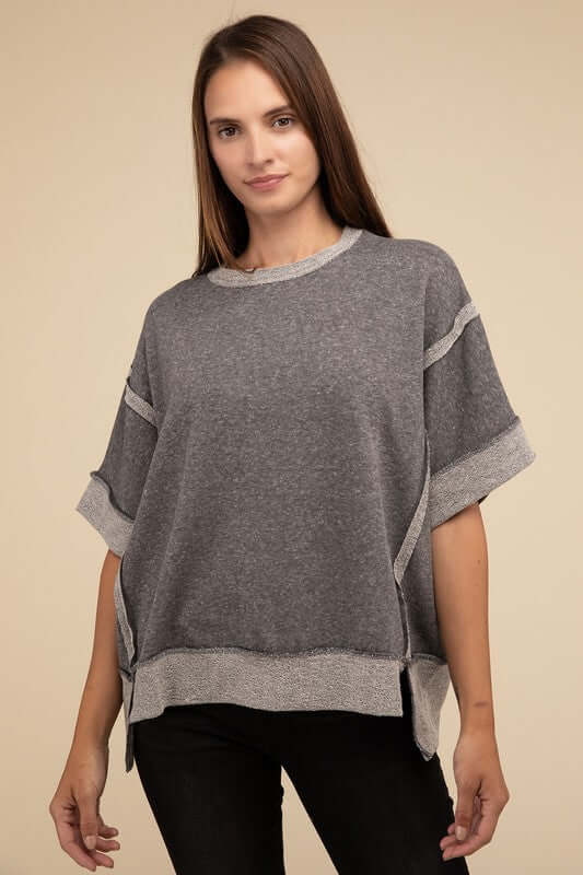 Contrast Trim Top Stitching Drop Shoulder Top, ZENANA, $ 35.95