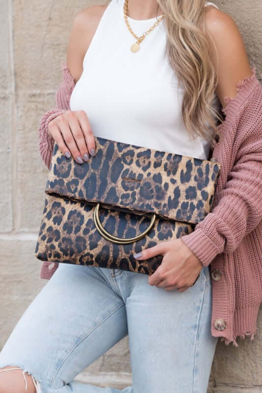 Lux Vegan Leather Fold-over O-ring Clutch - Chic & Stylish, Clutches, $ 45.95, A Moment Of Now™