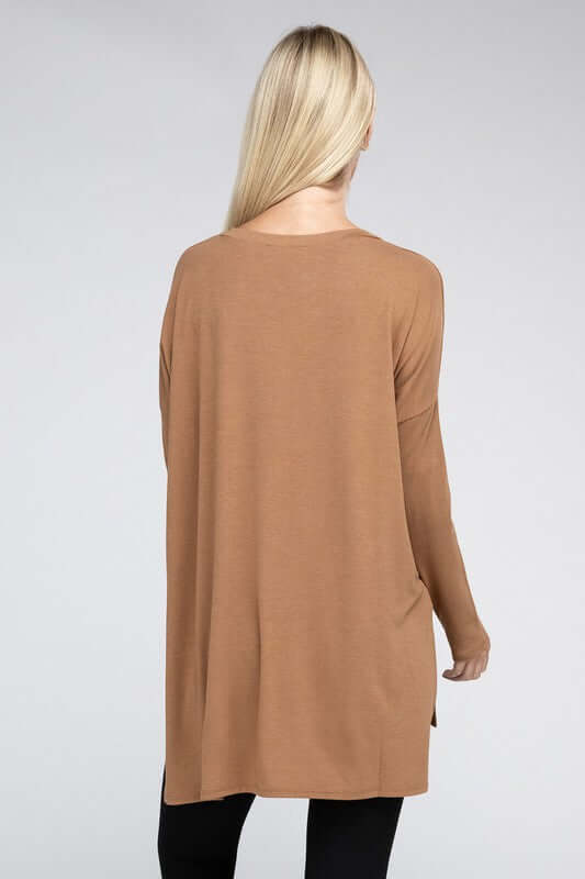 Dolman Long Sleeve V-Neck Side Slit Hi-Low Hem Top, ZENANA, $ 19.00