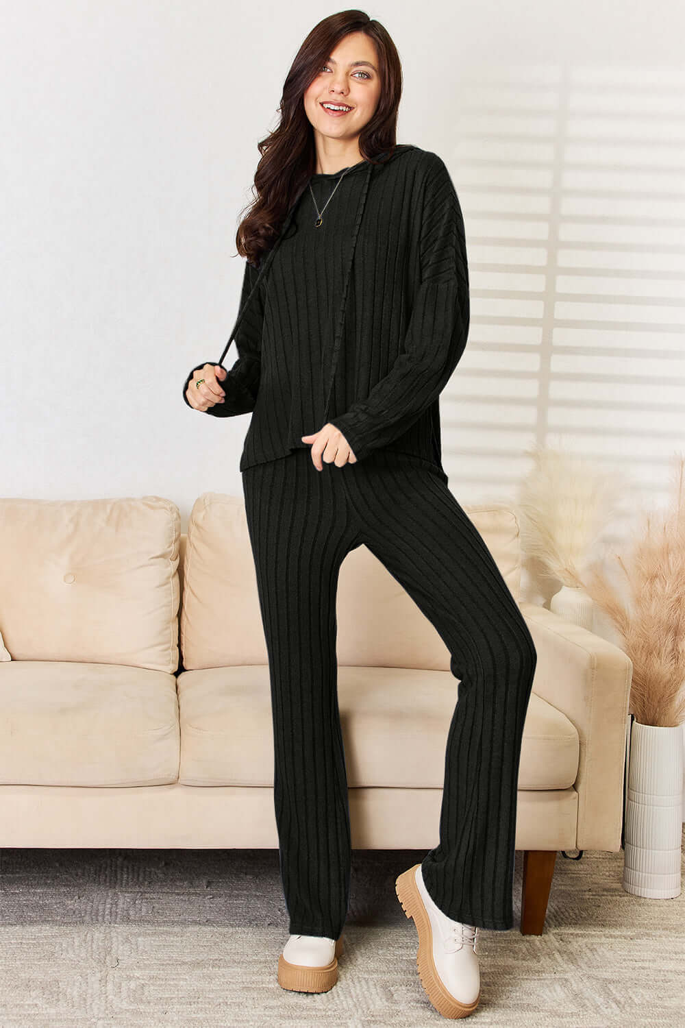 Women's Cozy Ribbed Hooded Top and Straight Pants Loungewear Set, Basic Bae, $ 35.00