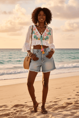 Ivory Floral Embroidered Cropped Blouse