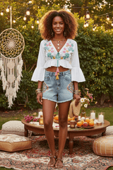 Ivory Floral Embroidered Cropped Blouse