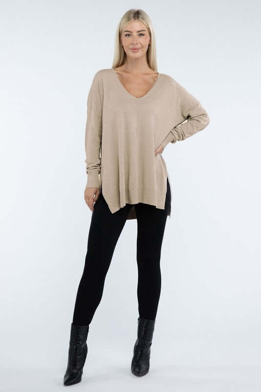 Women's Hi-Low Hem V Neck Front Seam Sweater | USA Boutique, ZENANA, $ 55.00