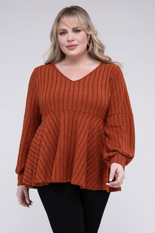 Plus Size Brown Red V Neck Tee With Ruffled Hem, Nuvi Apparel, $ 38.95