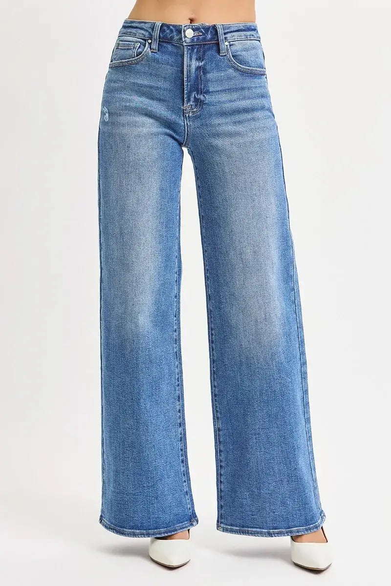 Medium Blue High Rise Wide Leg Jeans Plus Size - Stylish Comfort, Jeans, $ 75.00, A Moment Of Now™