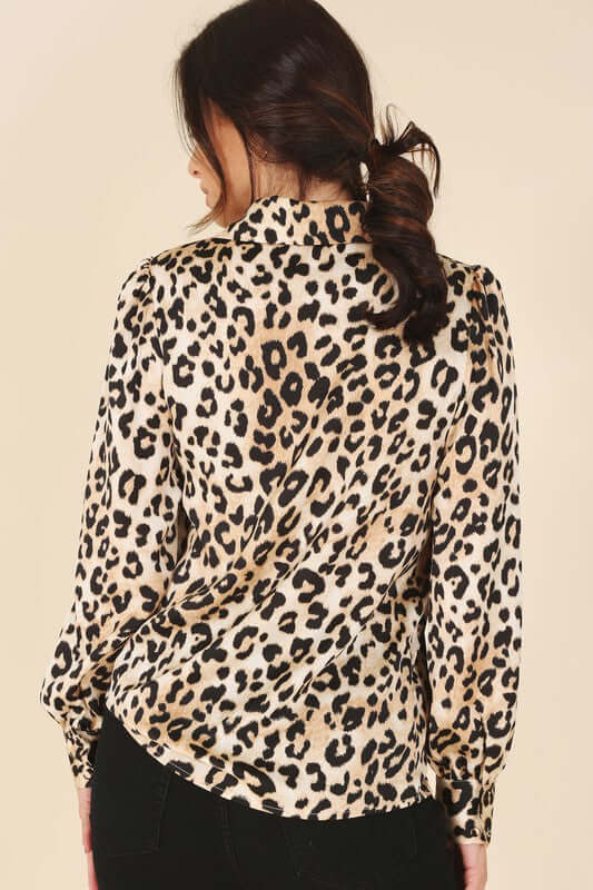 Brown Satin Leopard Long Sleeve Collared Blouse Shirt, Lilou, A Moment Of Now