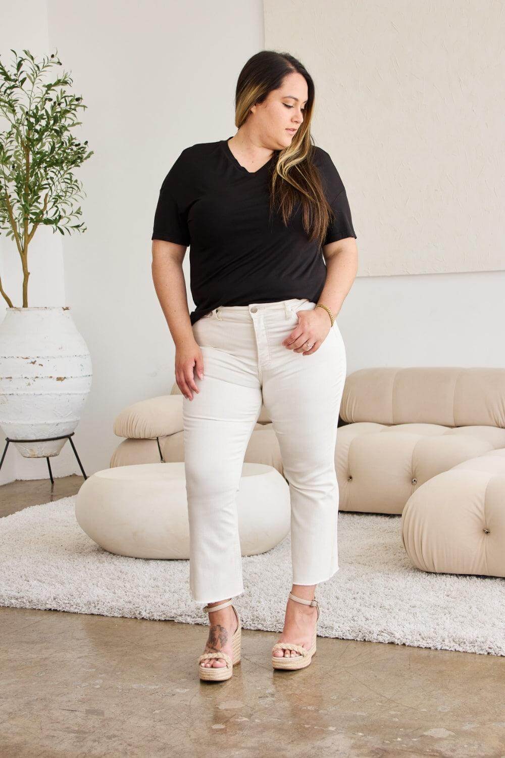 Off White Mini Mia Tummy Control High Waist Raw Hem Jeans, jeans, $ 59.00, A Moment Of Now™
