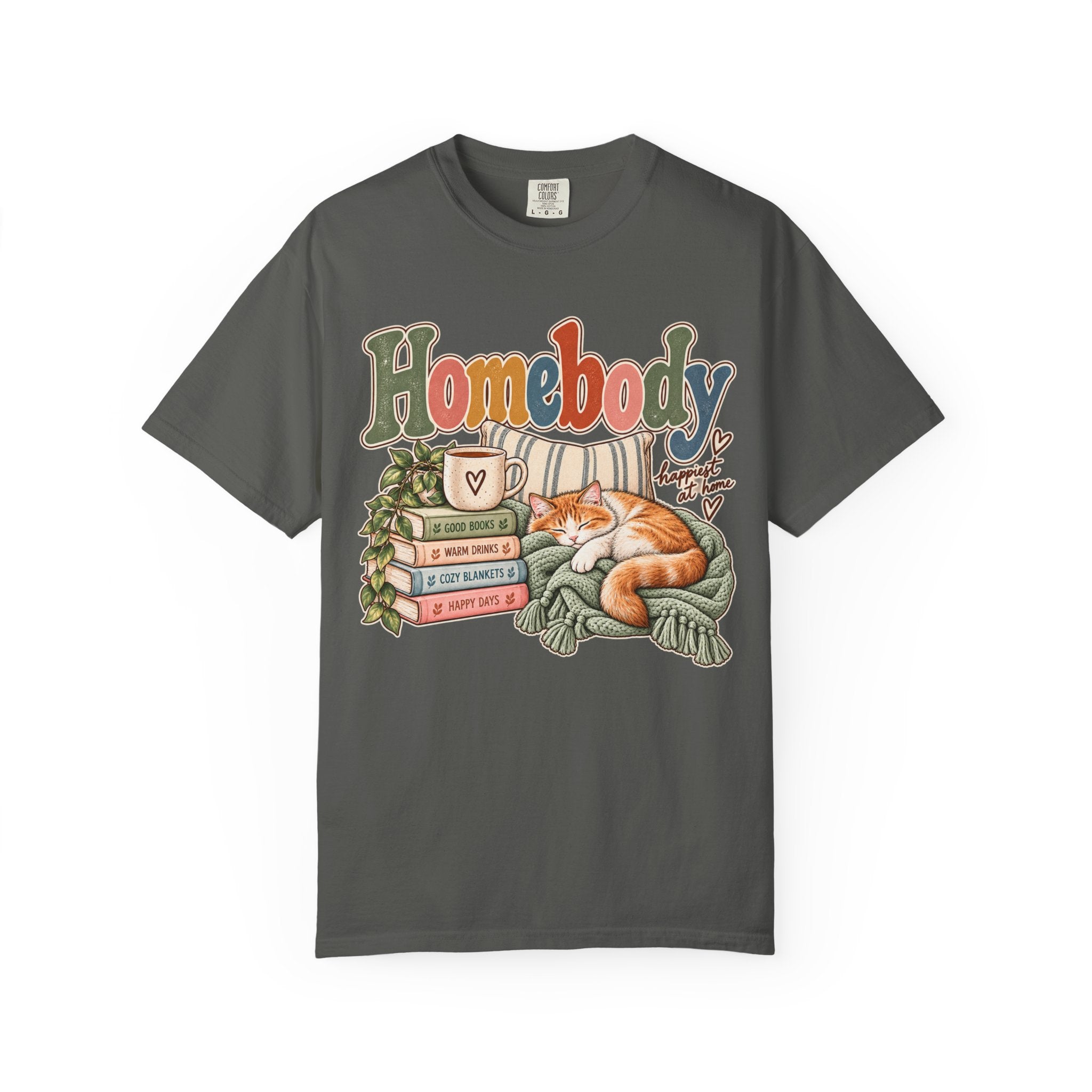 Homebody T-Shirt — Cozy Cat, Books & Coffee Comfort Colors® Tee