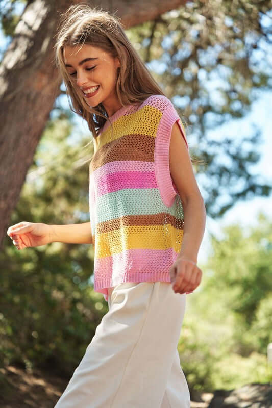 Crochet Multi Striped Pullover Knit Sweater Vest