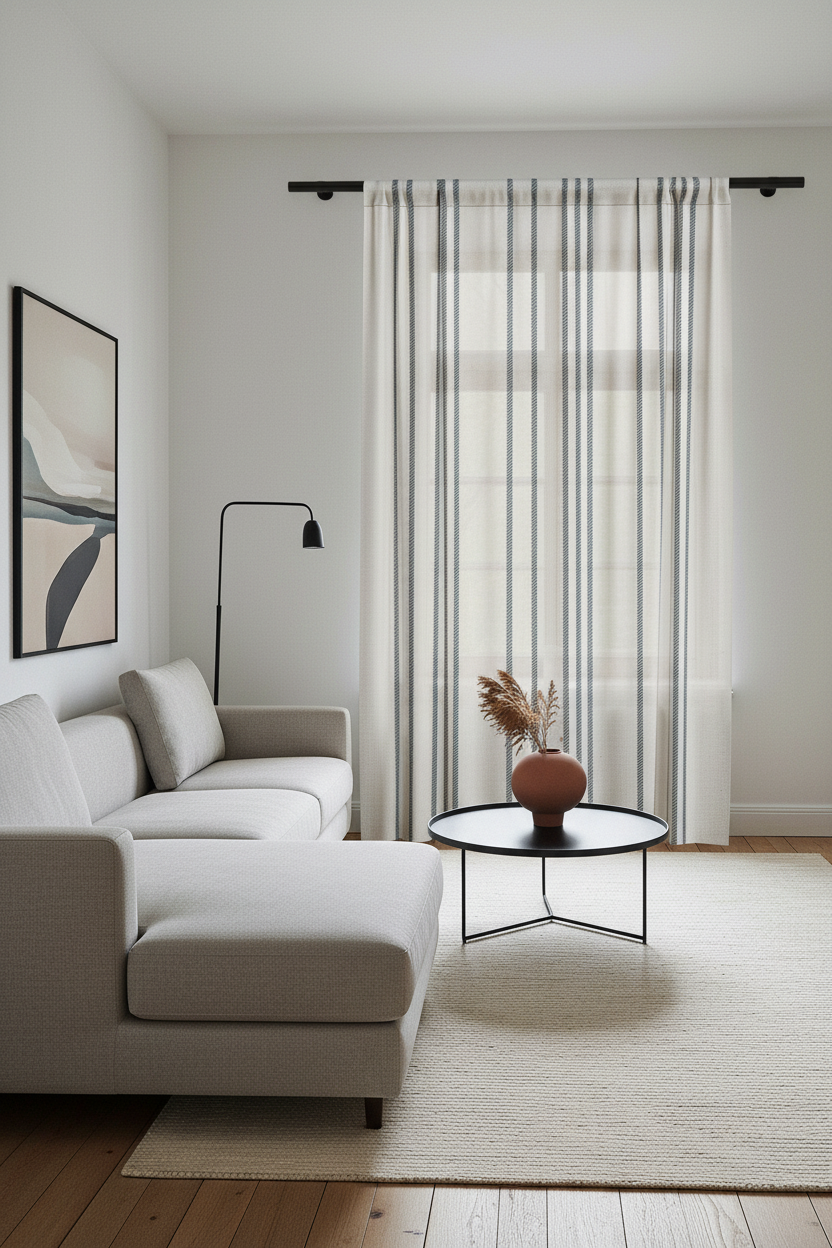 Blue Striped Sheer Curtain Panel — Coastal Linen-Look Window Curtain