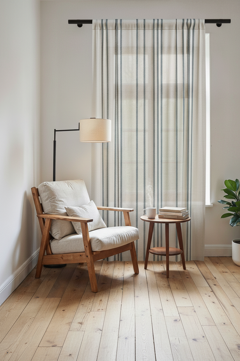 Blue Striped Sheer Curtain Panel — Coastal Linen-Look Window Curtain