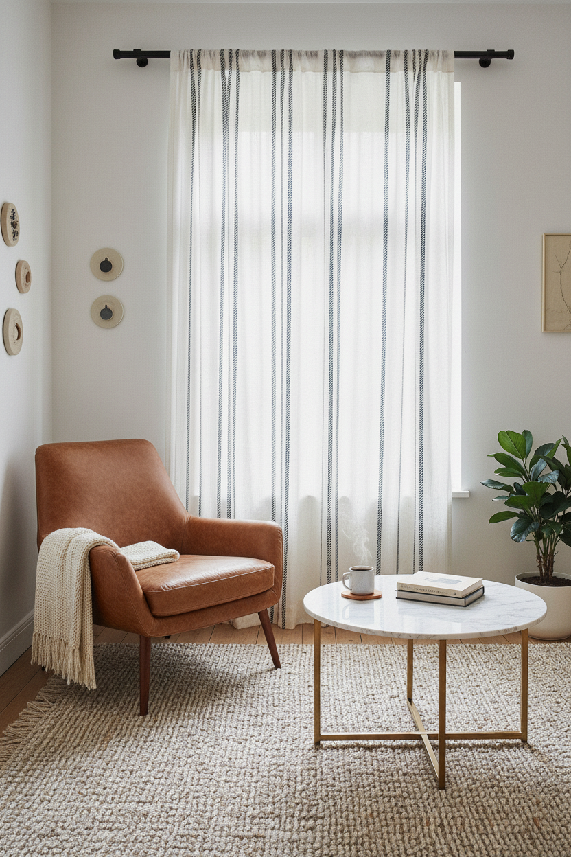 Blue Striped Sheer Curtain Panel — Coastal Linen-Look Window Curtain
