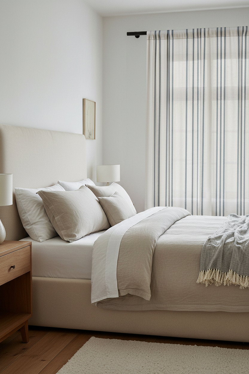 Blue Striped Sheer Curtain Panel — Coastal Linen-Look Window Curtain