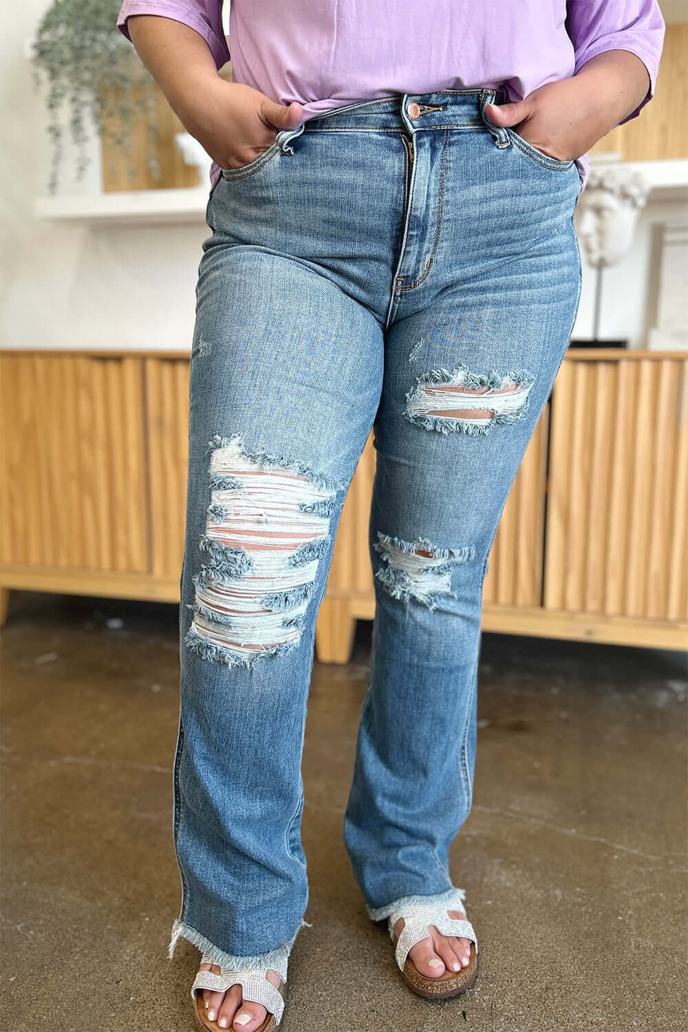 Judy Blue Medium Blue Distressed Raw Hem Bootcut Jeans, Judy Blue, $ 69.00