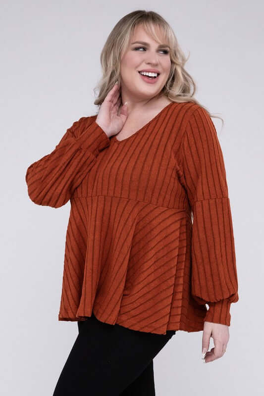 Plus Size Brown Red V Neck Tee With Ruffled Hem, Nuvi Apparel, $ 38.95