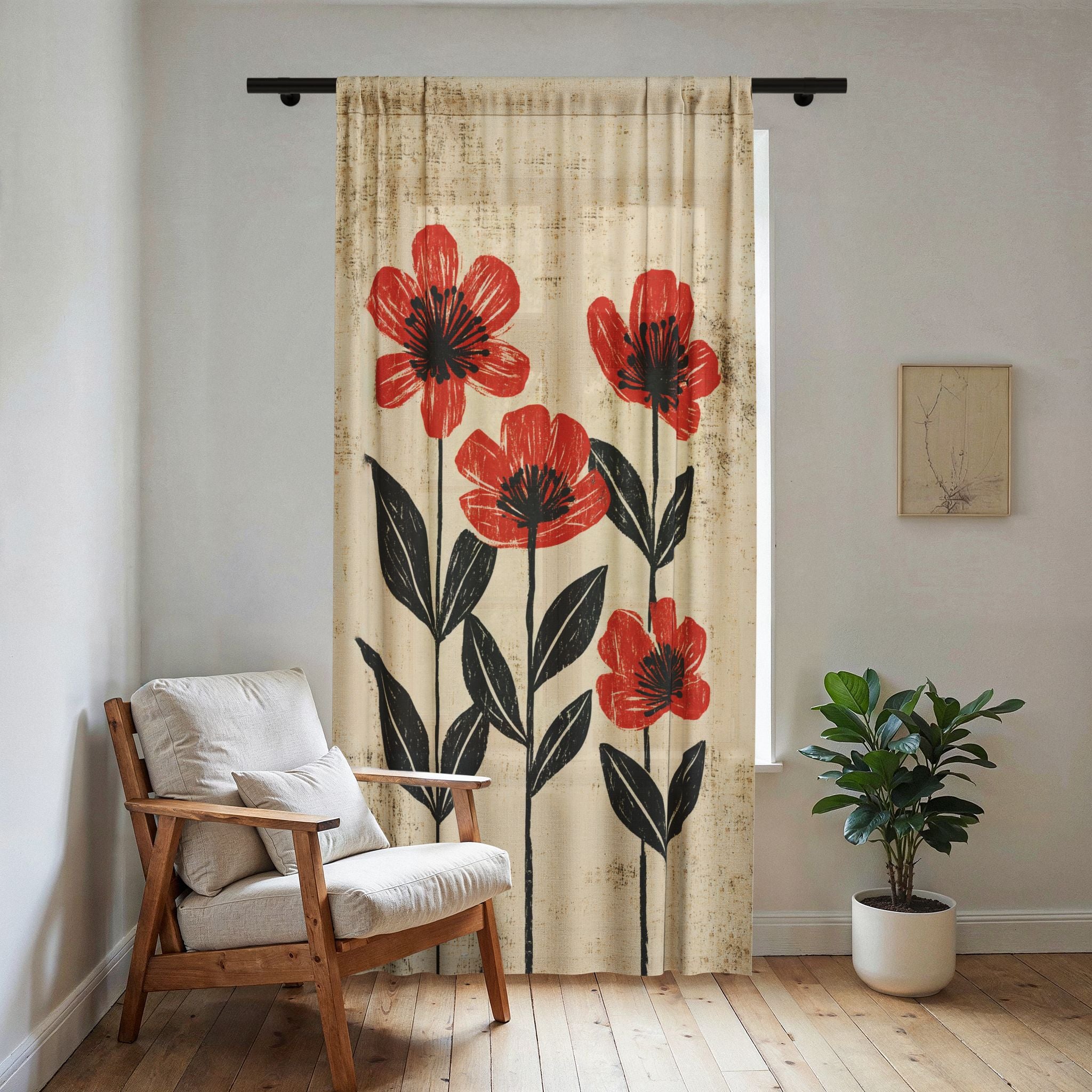 Red Poppy Floral Sheer Window Curtain