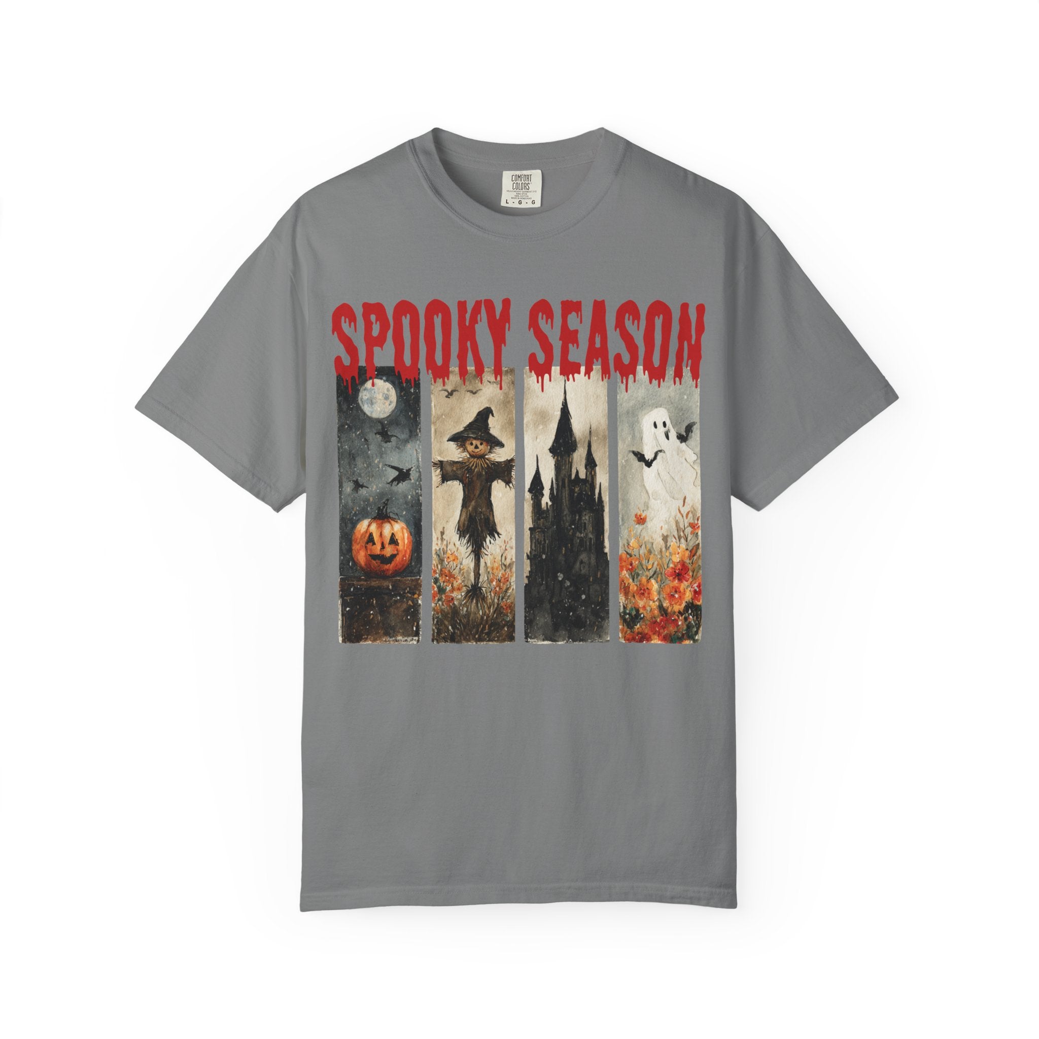 Spooky Season Halloween T-shirt with vintage pumpkin, scarecrow and ghost graphic — product mockup