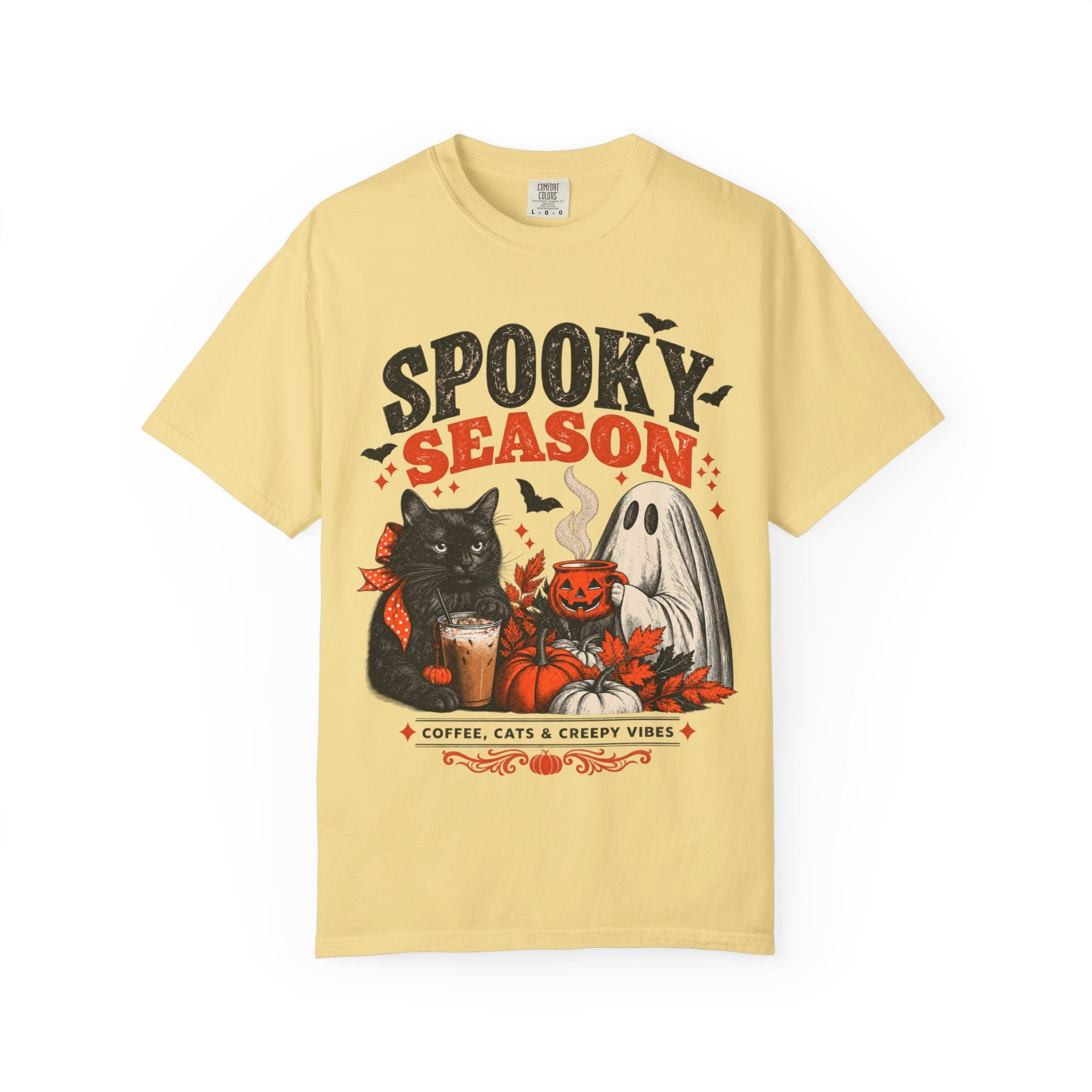 Spooky Season Black Cat & Ghost T-Shirt | Halloween Coffee & Cats Tee