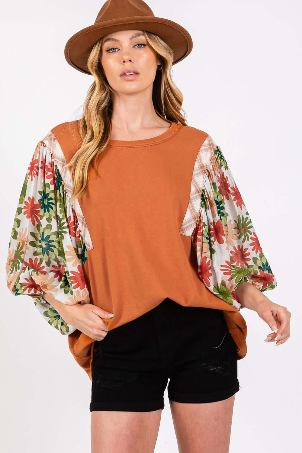 Caramel Printed Balloon Sleeve Contrast Top, SAGE + FIG, $ 55.00