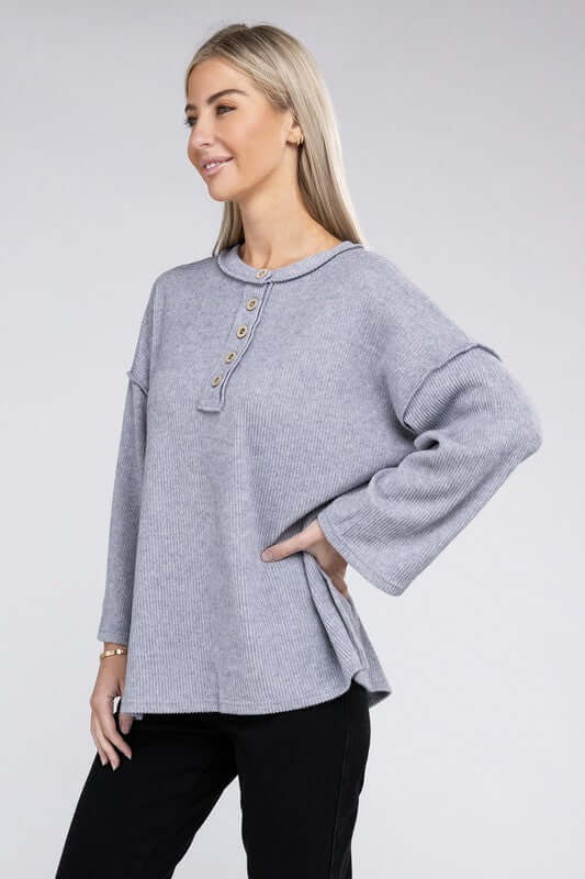 Ribbed Brushed Melange Hacci Henley Sweater, ZENANA, $ 29.00