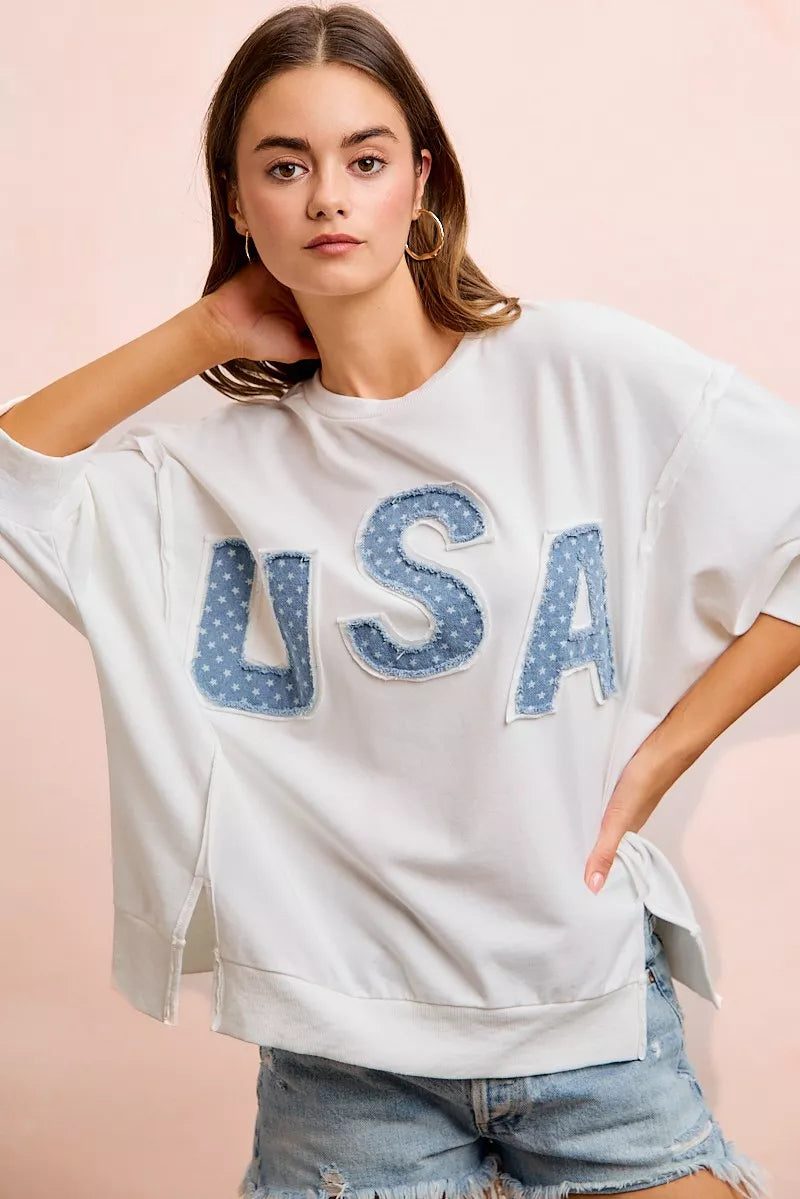 BiBi 4th Of July Usa Letter Patchwork French Terry Top, Tops, $ 60.00, A Moment Of Now™