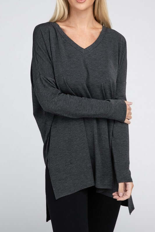 Dolman Long Sleeve V-Neck Side Slit Hi-Low Hem Top, ZENANA, $ 19.00