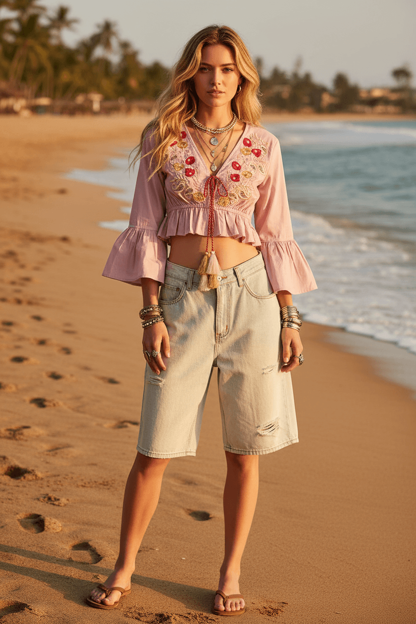 Boho Pink Floral Embroidered Cropped Blouse with Ruffle Sleeves , Blouses, $ 49.00, A Moment Of Now™
