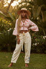 Boho Pink Floral Embroidered Cropped Blouse with Ruffle Sleeves , Blouses, $ 49.00, A Moment Of Now™