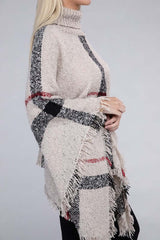 Ivory Black Turtleneck Plaid Knit Pancho, Nuvi Apparel, $ 45.95