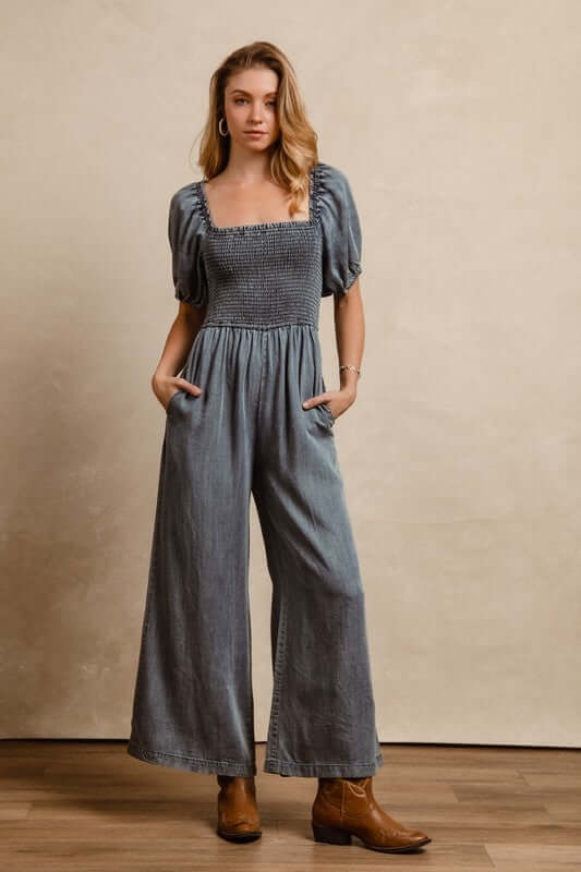 Blue Smocked Puff Sleeve Denim Jumpsuit, Jumpsuits, $ 89.00, A Moment Of Now™