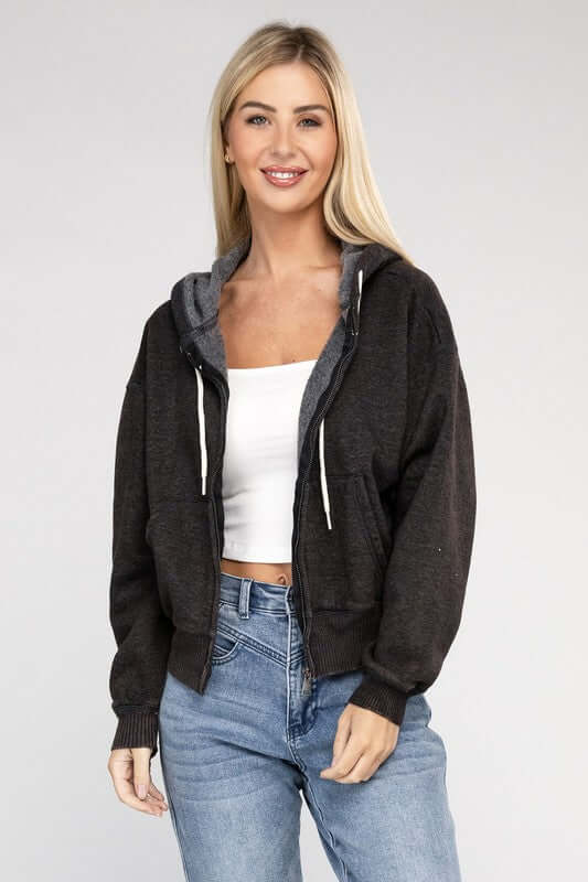 Acid Wash Fleece Cropped Zip-Up Hoodie, ZENANA, $ 49.95