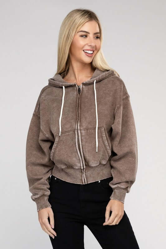 Acid Wash Fleece Cropped Zip-Up Hoodie, ZENANA, $ 49.95