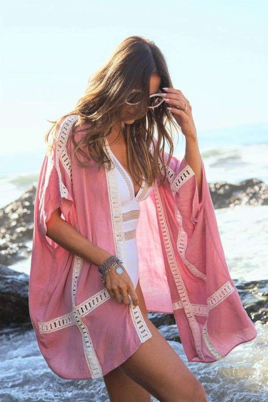 Shop Dusty Pink Crochet Short Sleeve Kimono | USA Women's Boutique Online, Kimono, USA Boutique