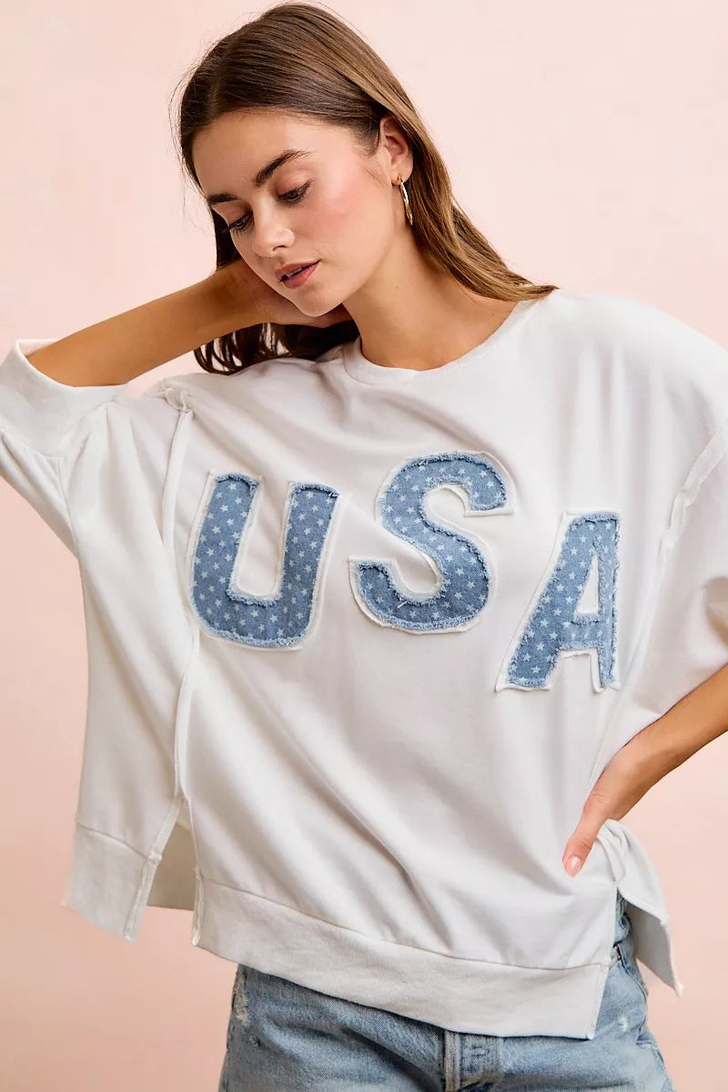 BiBi 4th Of July Usa Letter Patchwork French Terry Top, Tops, $ 60.00, A Moment Of Now™