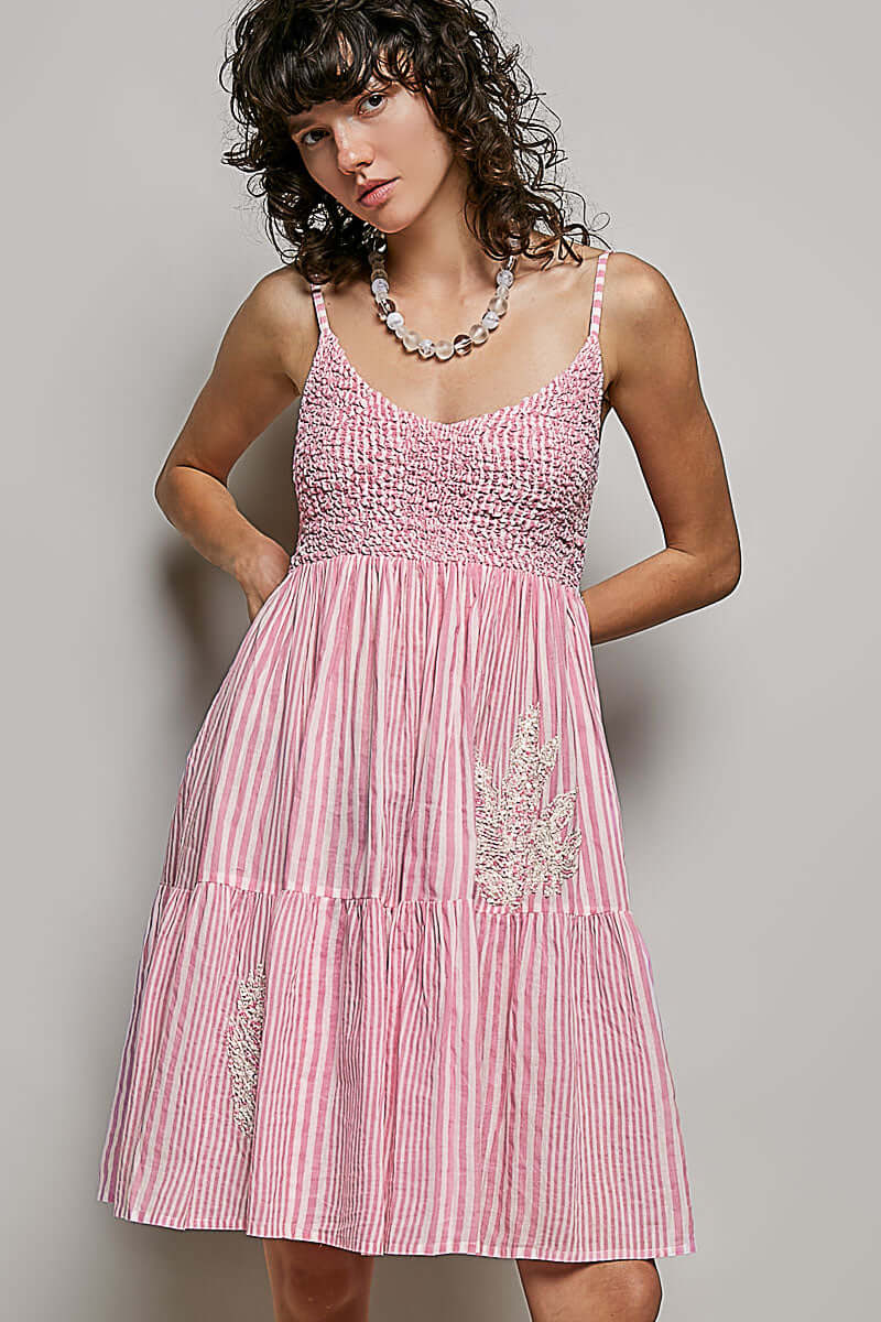 Pink Striped Smocked Embroidered Mini Dress | Boho Fashion Clothing, Dresses, $ 60.00, A Moment Of Now™
