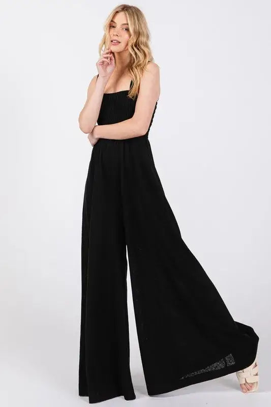 Black Smocked Flowy Wide Leg Jumpsuit, Jumpsuits, $ 49.00, A Moment Of Now™