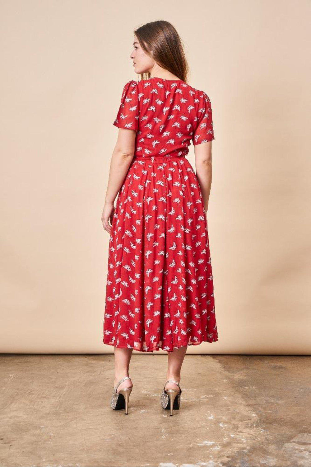 Ginkgo Leaf Midi Wrap Dress Lipstick Red + Silver | Boutique In USA, Dresses, $ 180.00, A Moment Of Now™