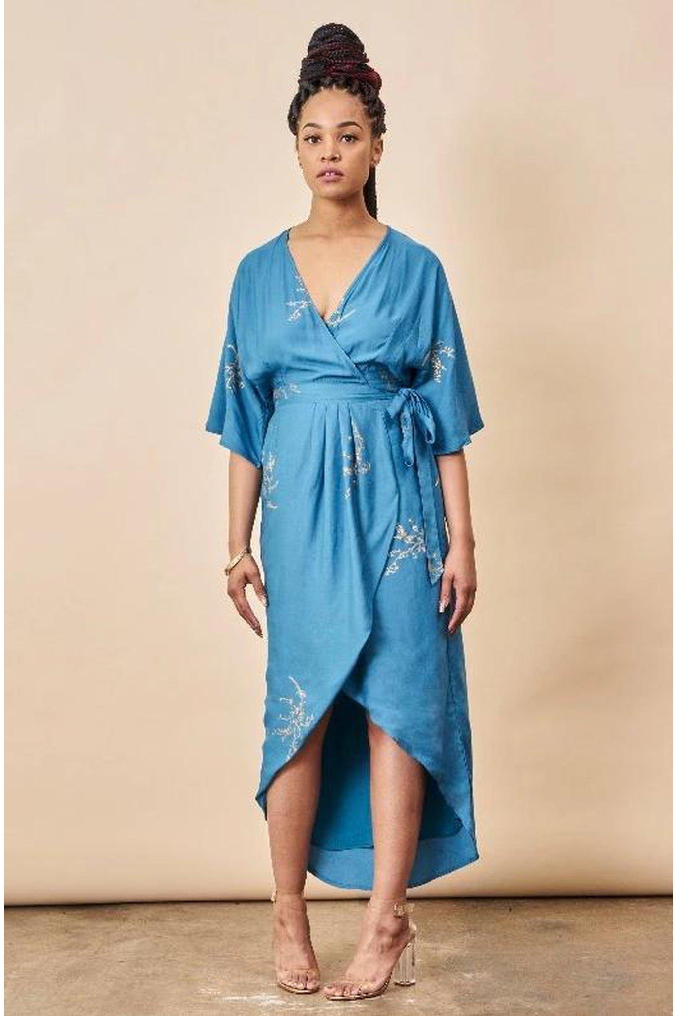 Cherry Blossom Maxi Wrap Dress Sapphire + Gold | Boutique In USA, Dresses, $ 180.00, A Moment Of Now™